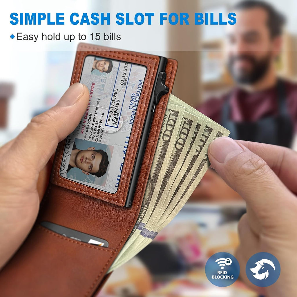 Wallet for Men, Slim Pop Up Card Holder with RFID Blocking, Minimalist Bifold Wallet with 9 Card Slots, ID Window and Cash Pocket, Metal Flip Case with Magnetic Closure, Gift Box