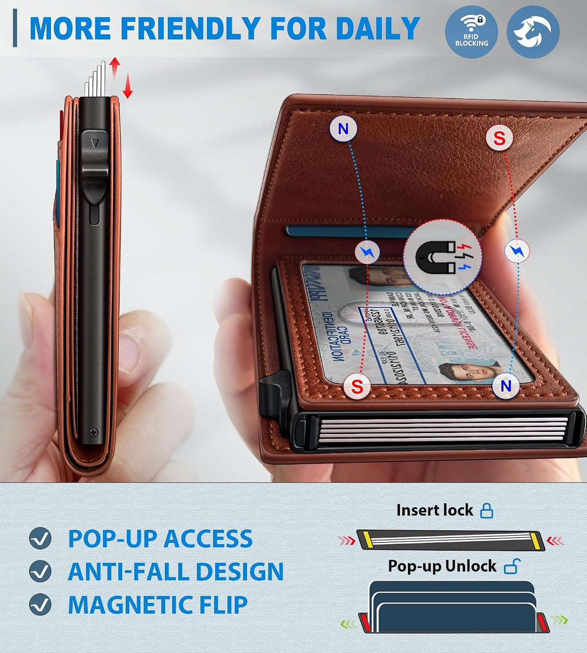 Wallet for Men, Slim Pop Up Card Holder with RFID Blocking, Minimalist Bifold Wallet with 9 Card Slots, ID Window and Cash Pocket, Metal Flip Case with Magnetic Closure, Gift Box