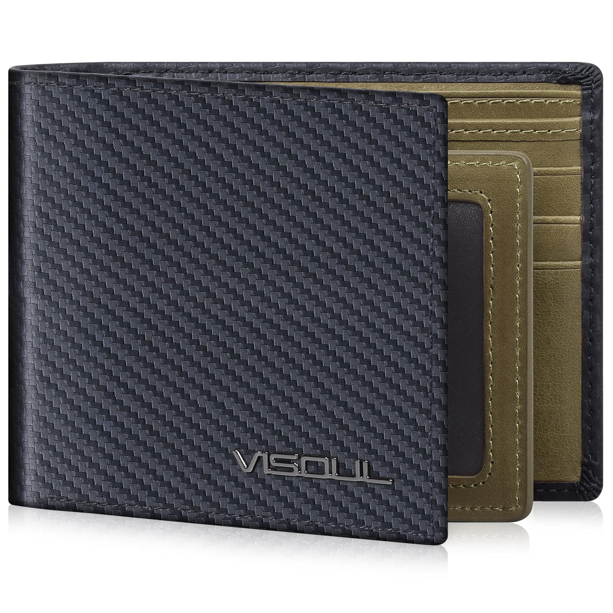 VISOUL Mens Wallet Bifold RFID Protected with 2 ID Windows 8 Credit Card Slots 2 Cash Compartments, Carbon Fiber Leather Wallet for Men Gift Box (Black+Burgundy)