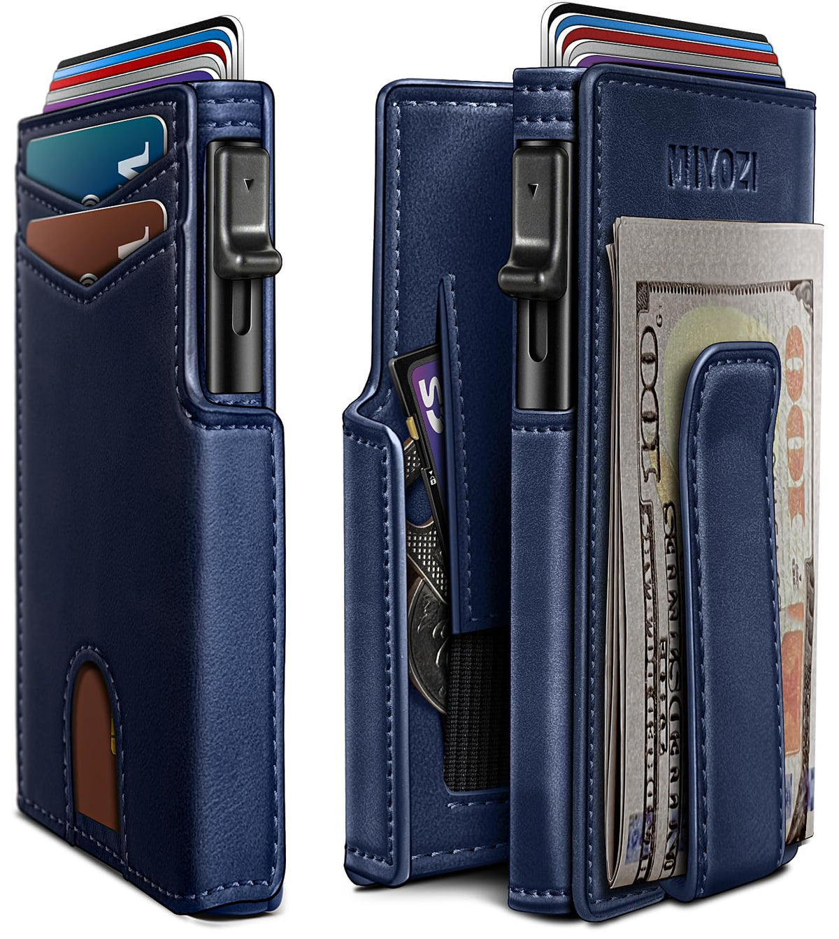 miyozi Wallet for Men, Magnetic Minimalist Slim Wallet with Pop Up Card Holder, 9 Cards RFID Blocking Metal Credit Card Case, Leather Wrapped Money Clip, ID Window & Small Item Slot, Gift Boxed