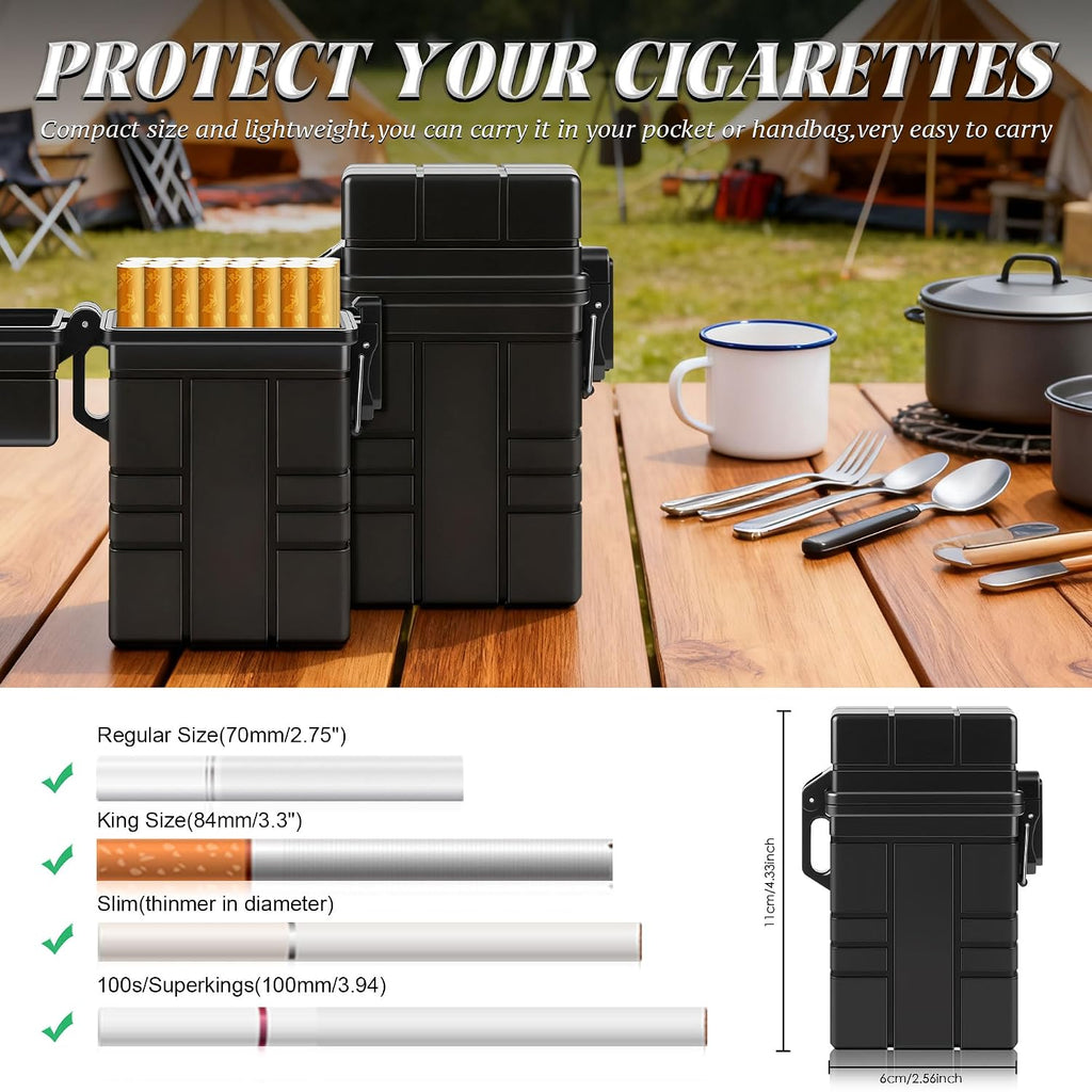 X-LIGHTER Waterproof Cigarette Case 100s King Size, with 2pcs Permanent Match Lighter, Multi-Function EDC Cigarettes Holder Cases for Outdoor, Camping, Fishing