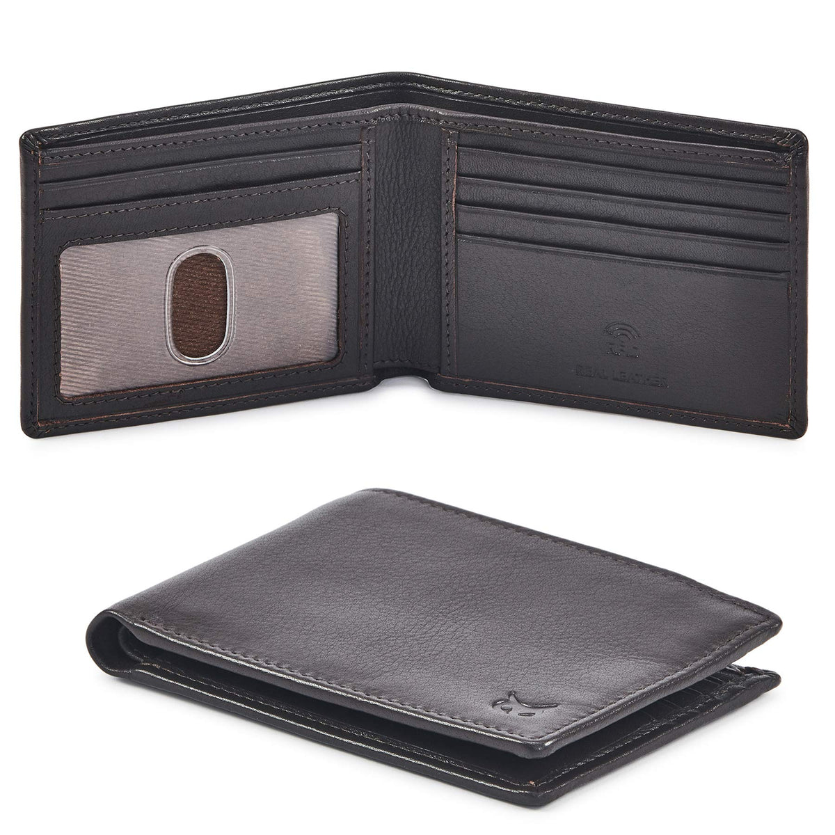 Real Leather Mens Bifold Wallet RFID Blocking Slim Minimalist Front Pocket - Thin & Stylish with ID Window in Gift Box (Crazy Horse, Coffee)