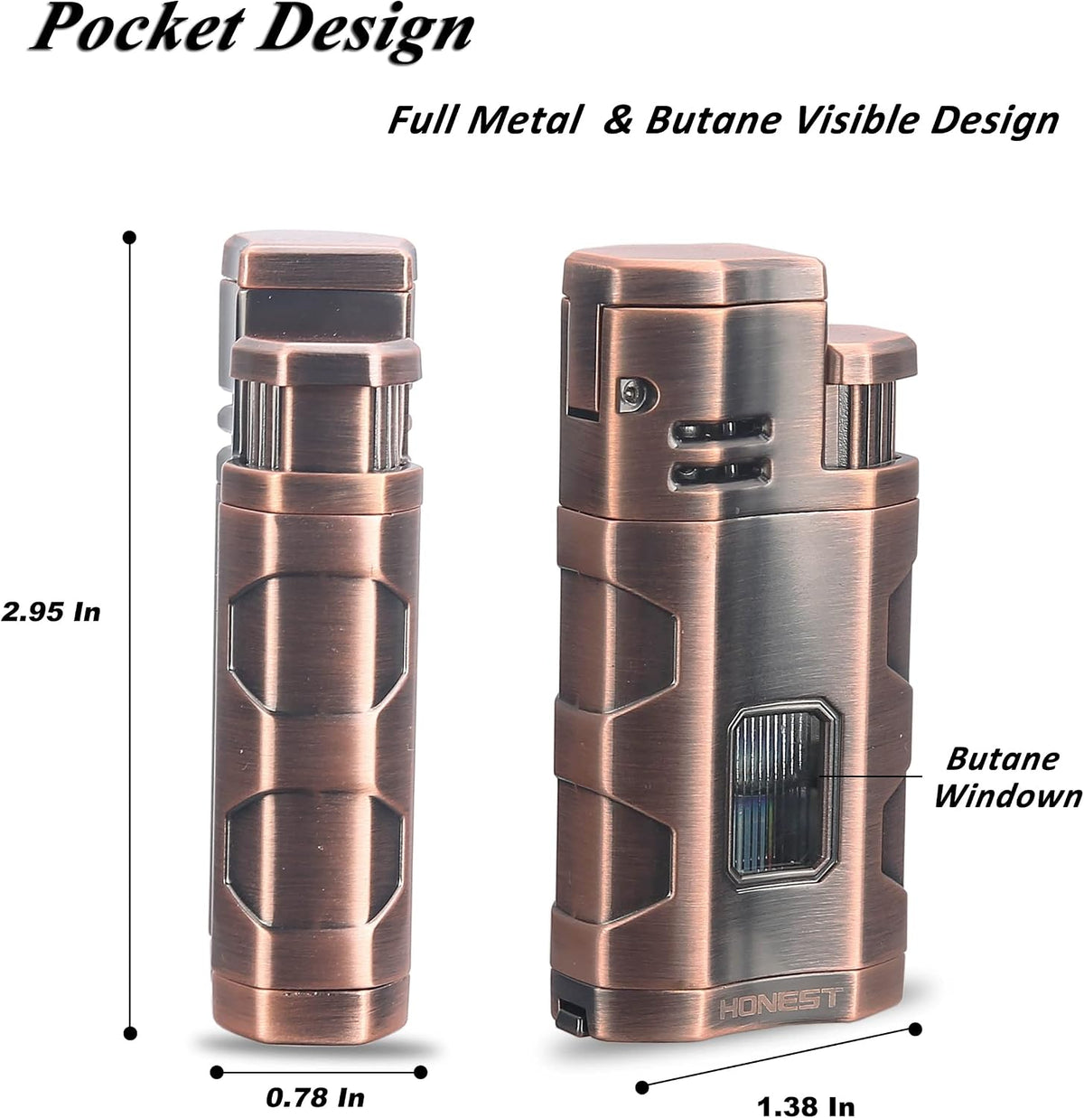 Metal Lighter Triple Jet Flame Refillable Butane Cigar Lighters Windproof Lighter with Cigar Punch Rest Holder - Butane Not Included (Red Copper)