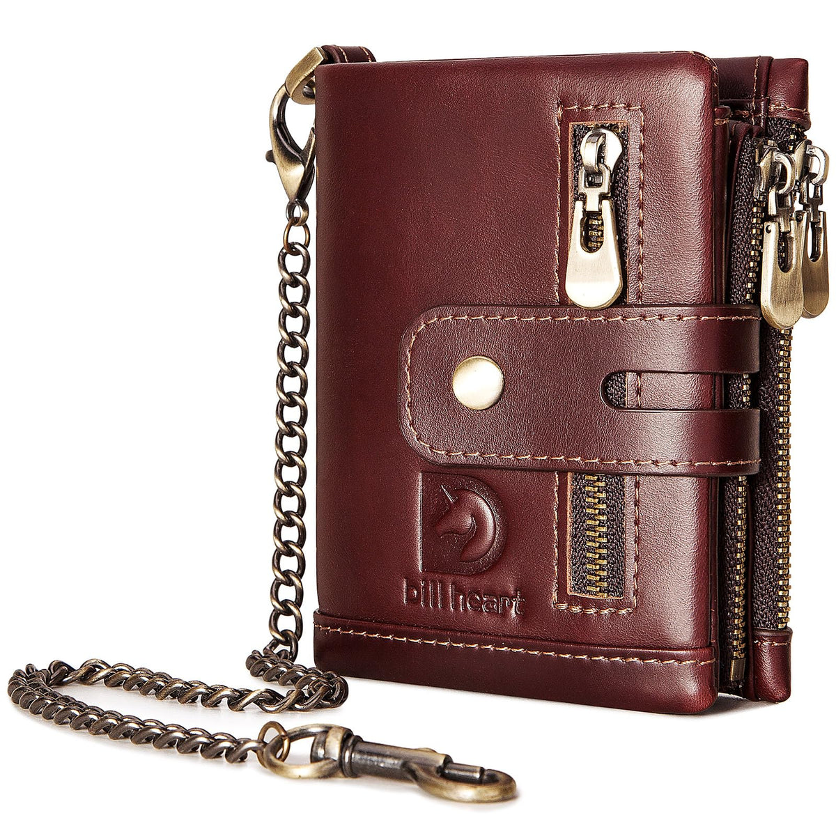 Mens Wallet with Chain Genuine Leather Purse RFID Blocking Bifold Double Zipper Coin Pocket with Anti-Theft Chain
