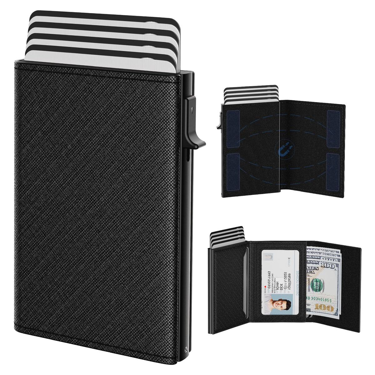 typecase Mens Wallet Card Holder: Pop Up Aluminum Case, Genuine Leather, Smart, RFID Blocking, Slim, Minimalist, Front Pocket - 9-14 Card Capacity | ID Window | Cash Slot (Carbon Fiber)