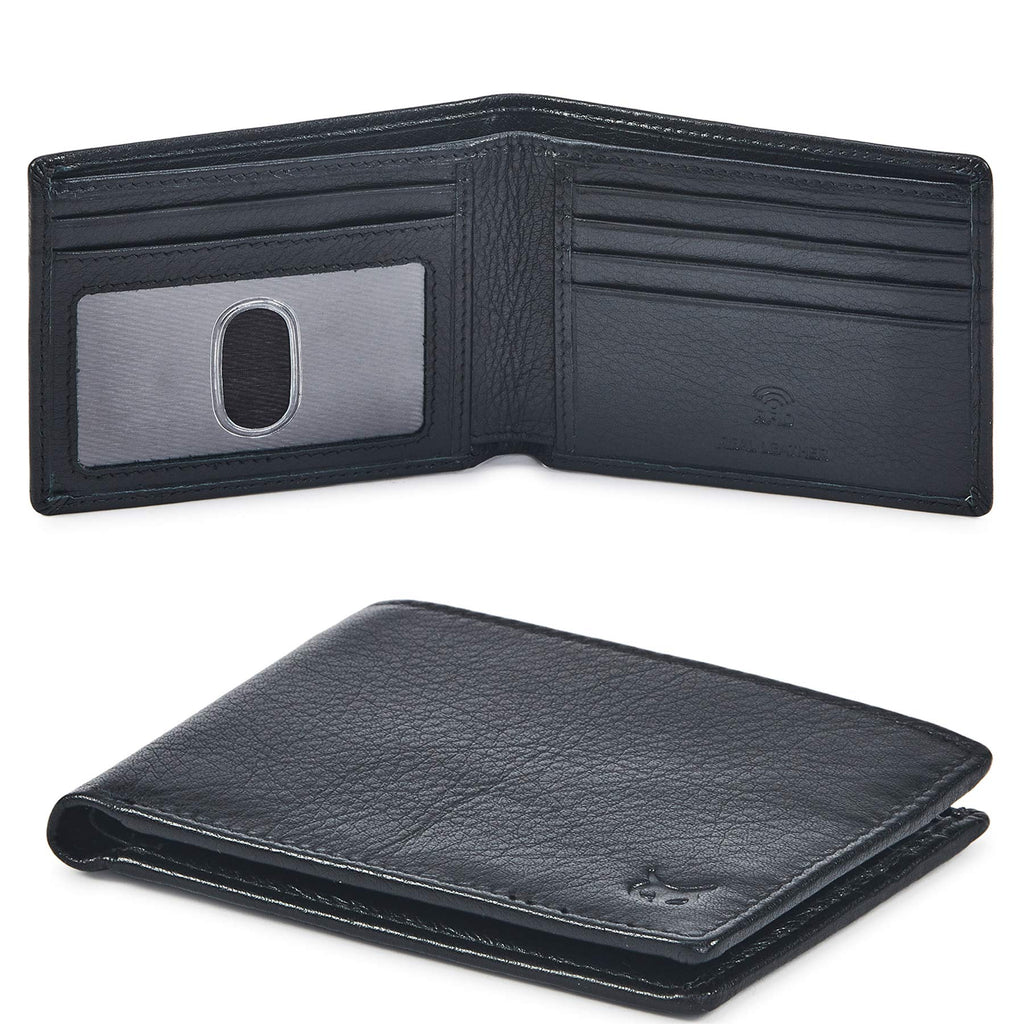 Real Leather Mens Bifold Wallet RFID Blocking Slim Minimalist Front Pocket - Thin & Stylish with ID Window in Gift Box (Crazy Horse, Cognac).