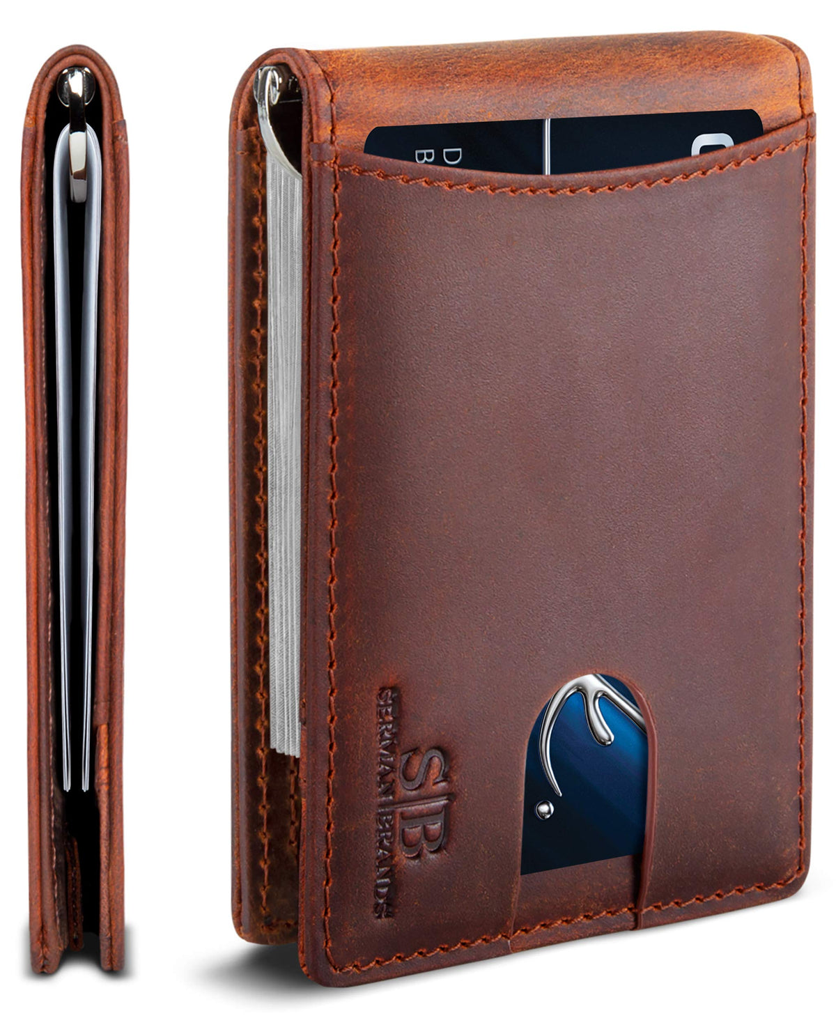 SERMAN BRANDS RFID Blocking Slim Bifold Genuine Leather Minimalist Front Pocket Wallets for Men with Money Clip Thin Gift
