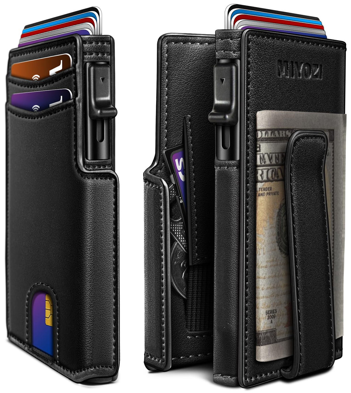 miyozi Wallet for Men, Magnetic Minimalist Slim Wallet with Pop Up Card Holder, 9 Cards RFID Blocking Metal Credit Card Case, Leather Wrapped Money Clip, ID Window & Small Item Slot, Gift Boxed