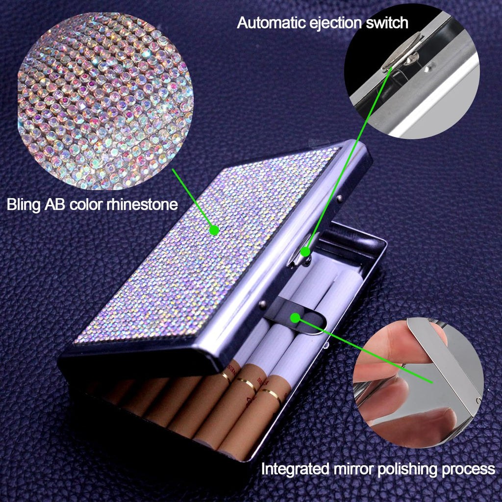 HUMWE Bling Rhinestone Crystal Cigarette Case for Women Men, Metal Holder for Regular,King and 100's Size 14-20 Capacity, Pocket Cigarettes Box for Smoker