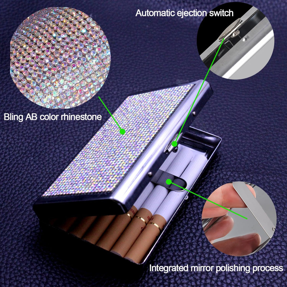 HUMWE Bling Rhinestone Crystal Cigarette Case for Women Men, Metal Holder for Regular,King and 100's Size 14-20 Capacity, Pocket Cigarettes Box for Smoker