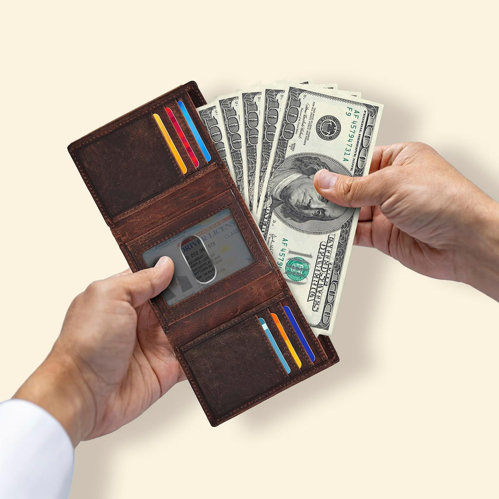 Real Leather Mens Trifold Wallet - RFID Slim Minimalist Front Pocket Gift