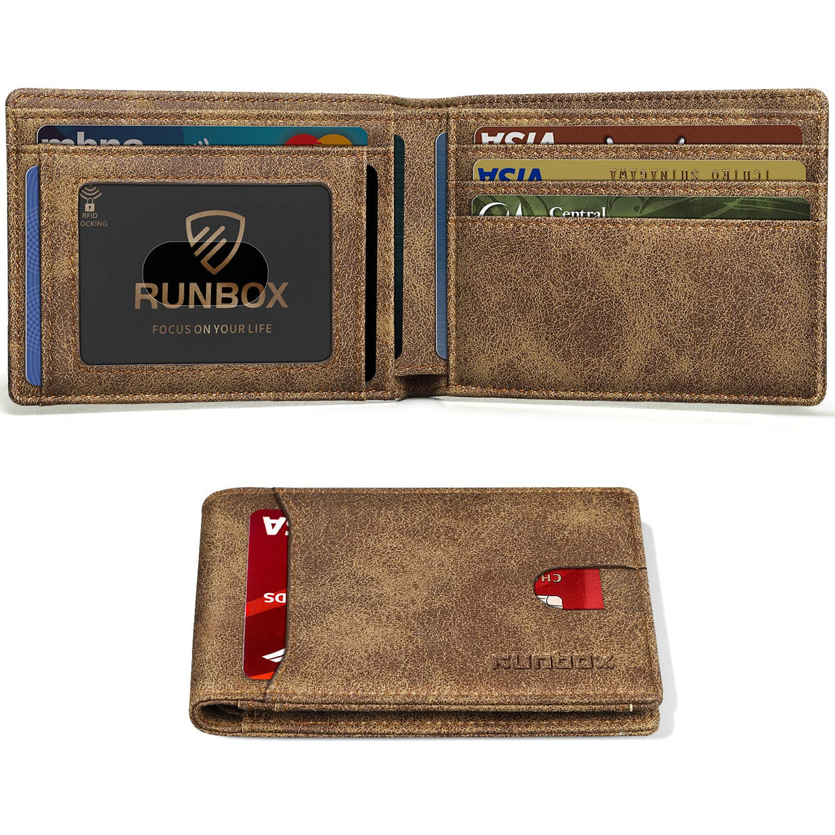 RUNBOX Wallet for Men, Slim Leather Bifold, RFID Blocking Card Holder