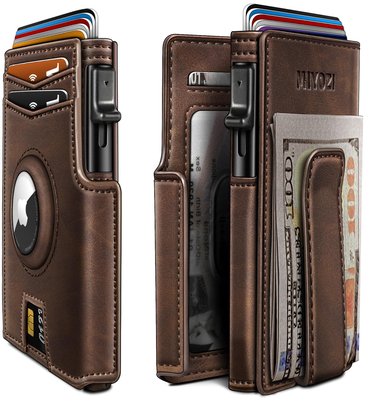 miyozi Airtag Wallet for Men,with Money Clip 10 Cards Metal Case Smart Slim Pop Up Credit Card Holder Flip with Magnetic Closure RFID Blocking wallet with Gift Box