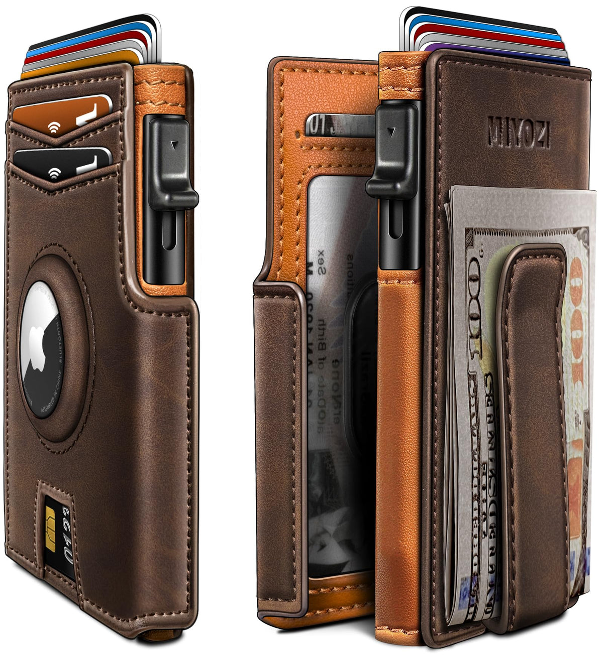 miyozi Airtag Wallet for Men,with Money Clip 10 Cards Metal Case Smart Slim Pop Up Credit Card Holder Flip with Magnetic Closure RFID Blocking wallet with Gift Box