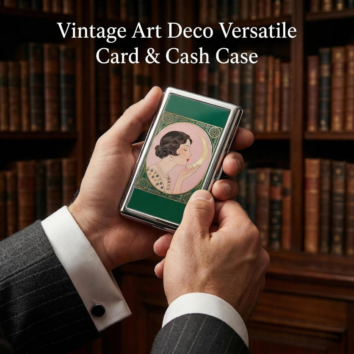 Vintage Art Deco Versatile Card & Cash/Cigarette Holder Case, Slim Metal Wallet for Women Men Credit ID Business Cards (#C)