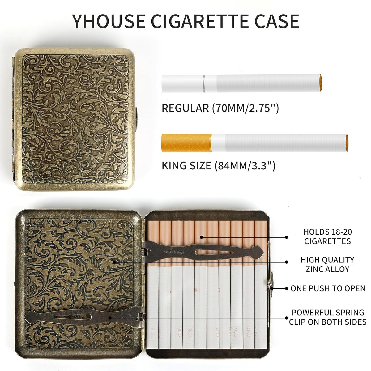 Retro Metal Cigarette Case with Spring Clip Holds 20 Cigarettes