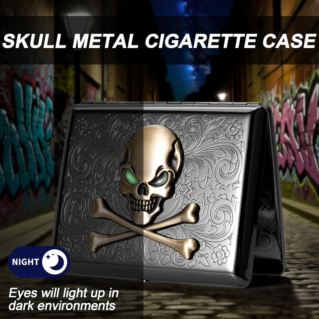 Stylish Portable Metal Cigarette Case - Holds 100mm Cigarettes. (Skull Vine Silver, 20pcs 100's) (Skull Vine Black, 20pcs 100's)