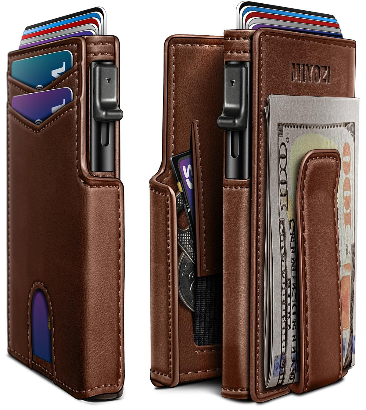 miyozi Wallet for Men, Magnetic Minimalist Slim Wallet with Pop Up Card Holder, 9 Cards RFID Blocking Metal Credit Card Case, Leather Wrapped Money Clip, ID Window & Small Item Slot, Gift Boxed