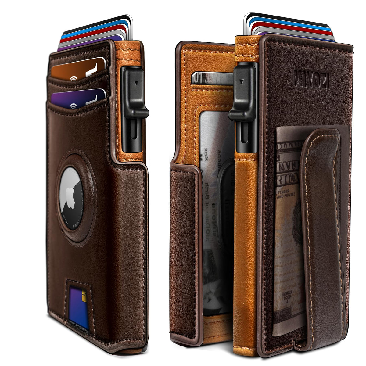 miyozi Airtag Wallet for Men,with Money Clip 10 Cards Metal Case Smart Slim Pop Up Credit Card Holder Flip with Magnetic Closure RFID Blocking wallet with Gift Box