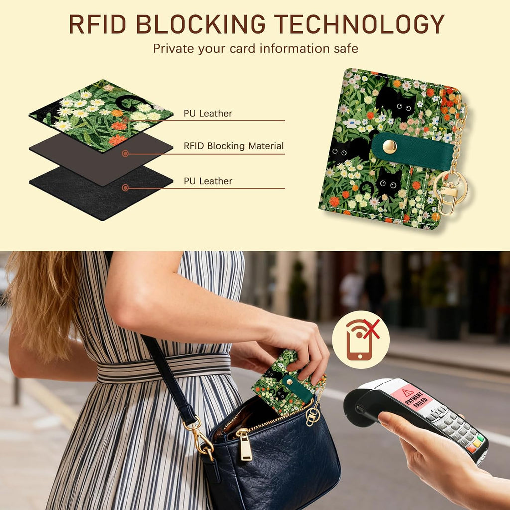 Jogjam Black Cat Floral Rfid Women Wallet, Small Slim Credit Card Holder
