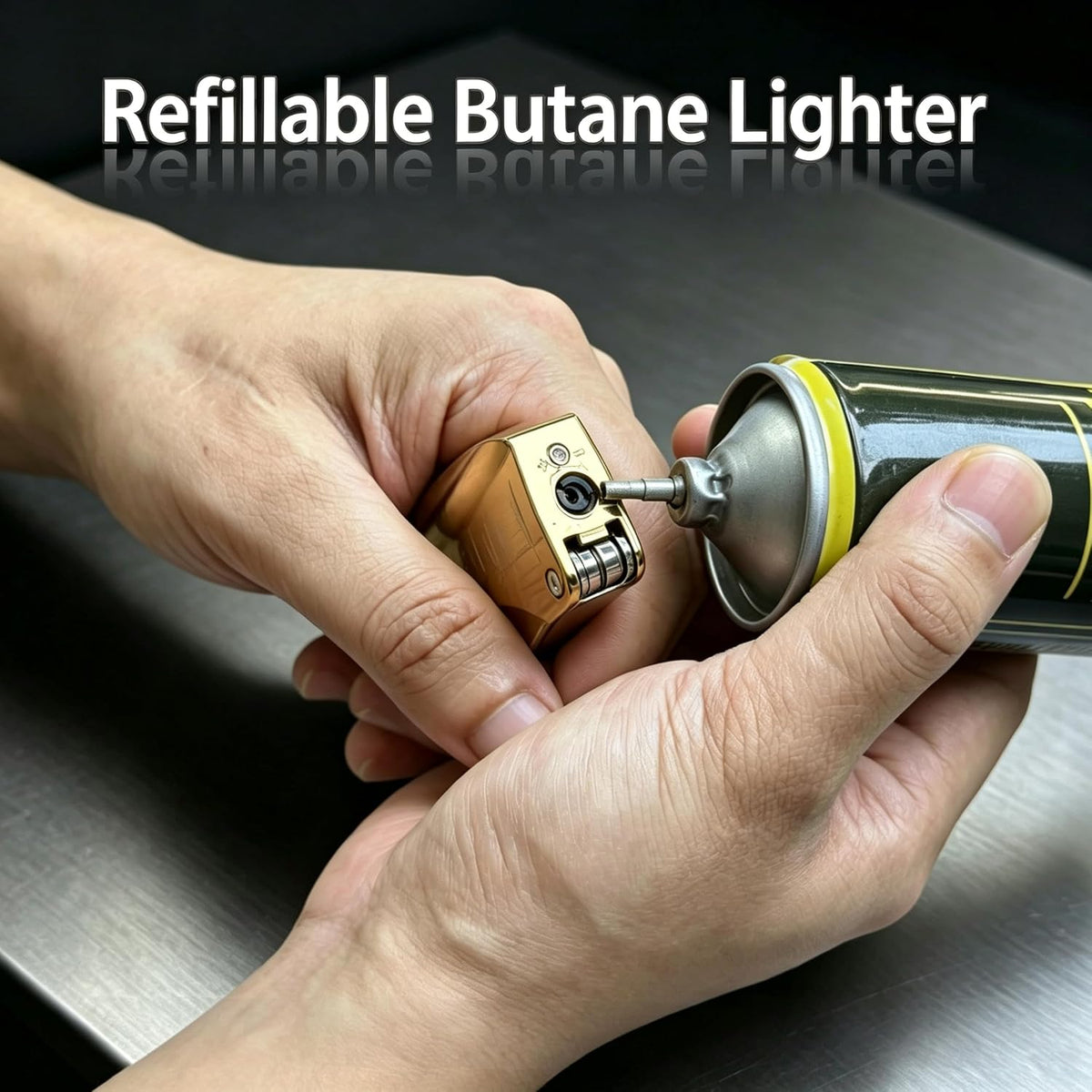 Soft Flame Butane Lighter with Built-in 3-in-1 P-ipe Tool Cleaner, Unique Refillable P-ipe Lighter, Angled Gas Window, Unique Gifts for Men, Birthday, Father’s Day, Valentine’s Day (Gold, No Fuel)