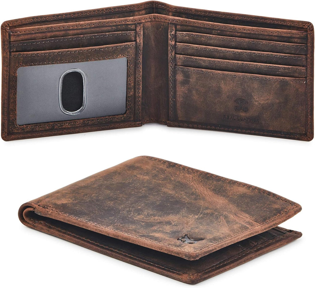 Real Leather Mens Bifold Wallet RFID Blocking Slim Minimalist Front Pocket - Thin & Stylish with ID Window in Gift Box (Crazy Horse, Cognac).