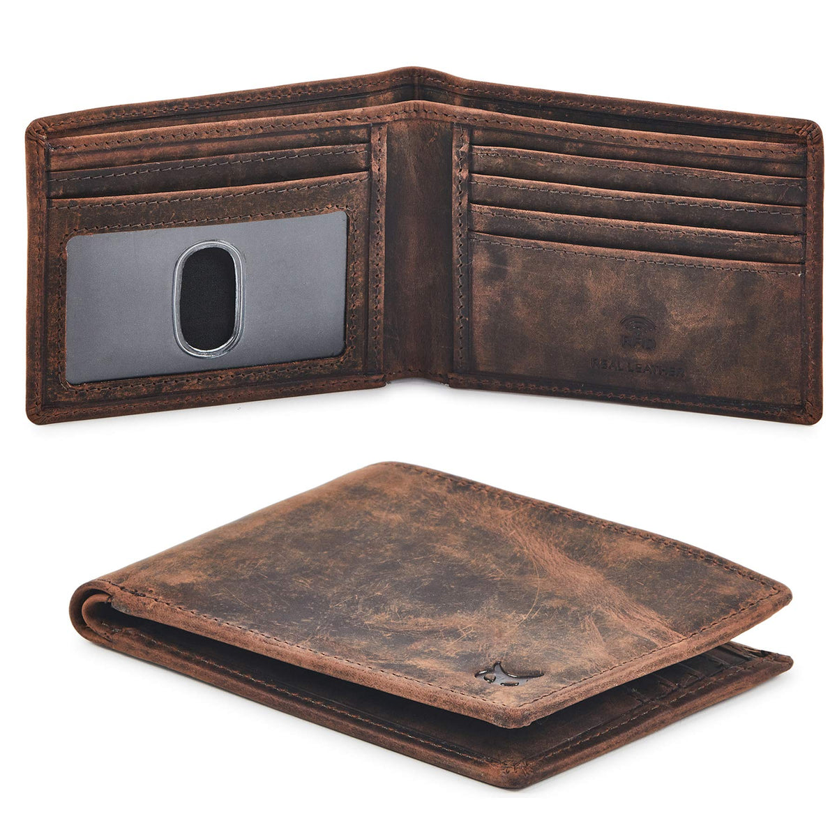 Real Leather Mens Bifold Wallet RFID Blocking Slim Minimalist Front Pocket - Thin & Stylish with ID Window in Gift Box (Crazy Horse, Coffee)