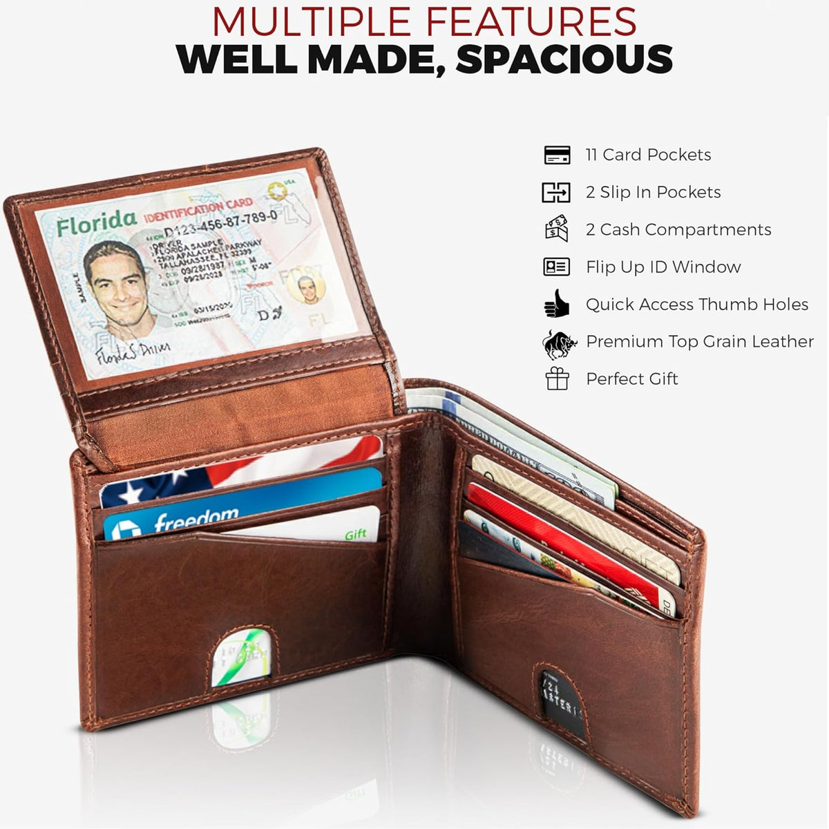 BULL GUARD RFID Blocking Bifold Mens Wallet Premium Top Grain Leather Brown Extra Capacity Wallet for Men Genuine Leather Western Brown, 11+ Cards, Flip Up ID Window, Gift For Men in Nice Gift Box