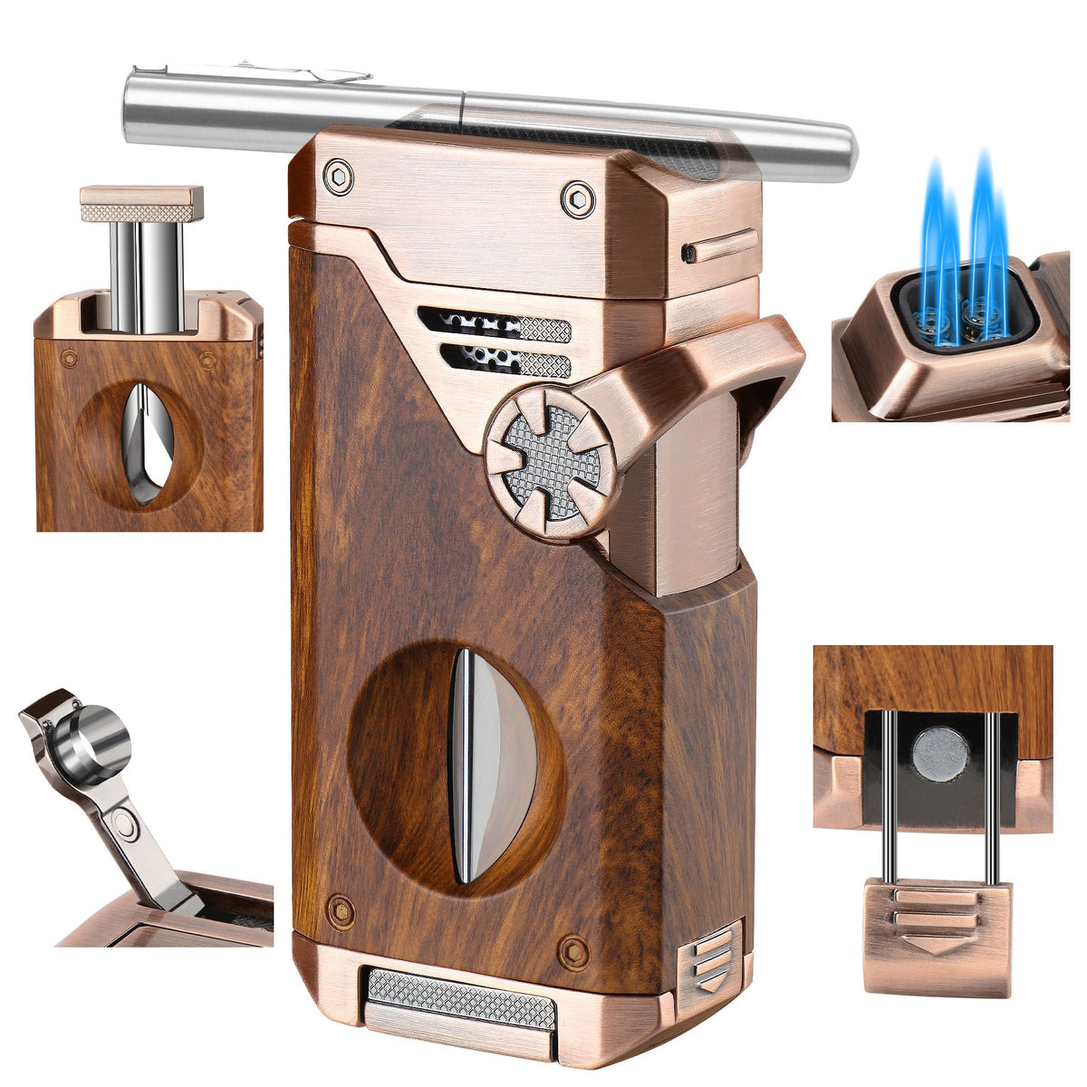 5-in-1 Torch Lighter with V Cutter Holder Punch and Draw Enhancer Tool,Four Windproof Jet Flame Multi-Functional Lighter,Refillable Butane Lighter with Gift Box for Men Black,Without Butane