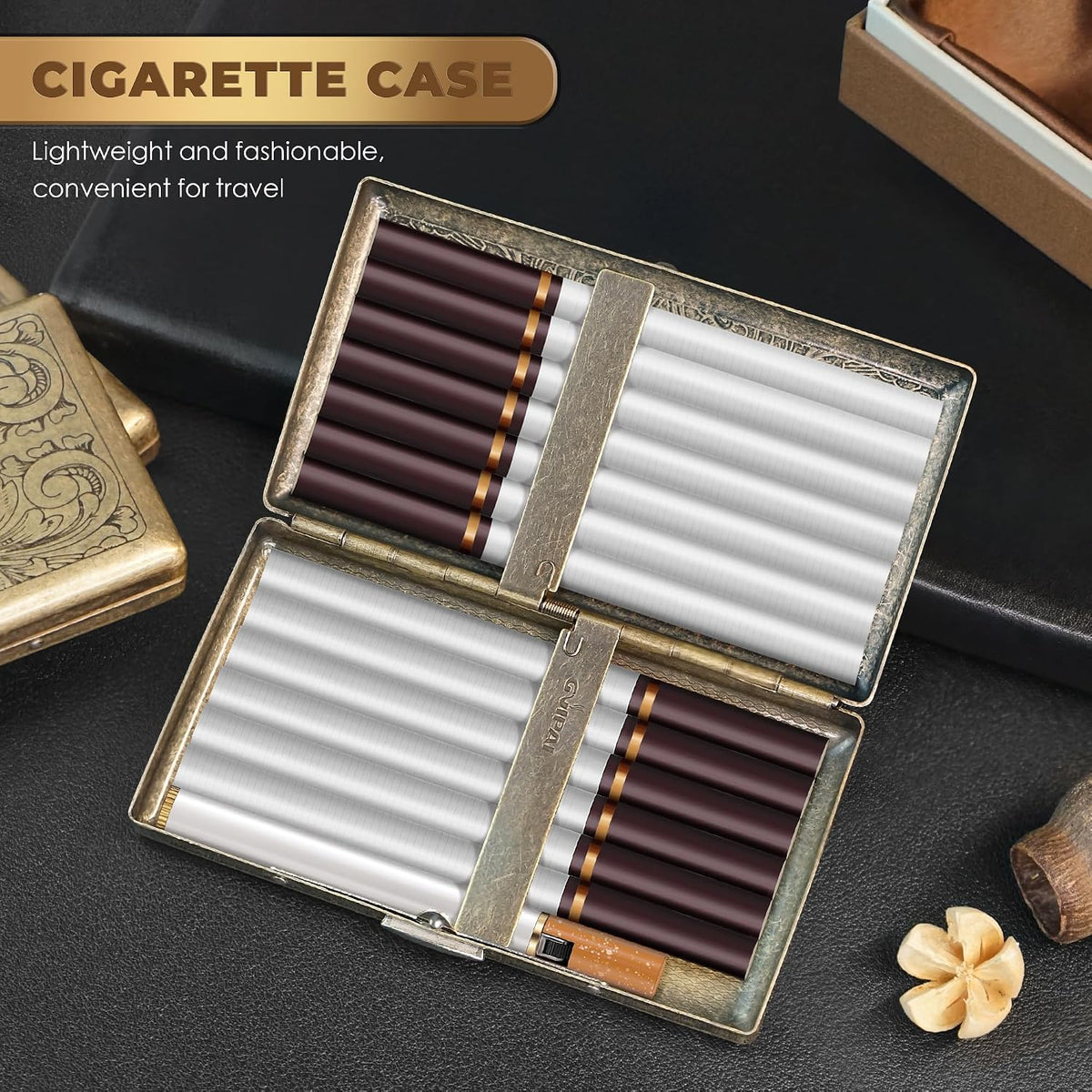 X-LIGHTER Vintage Cigarette Case with Lighter for 100's, Smell Proof, Retro Metal Cigarette Cases Holder 100s King Size, Funny Smoking Set for Women Men, Christmas Gift (No Gas)