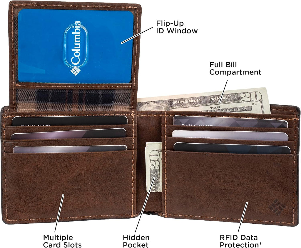 Columbia mens RFID Slim Bifold Wallet With ID Window Dark Tan