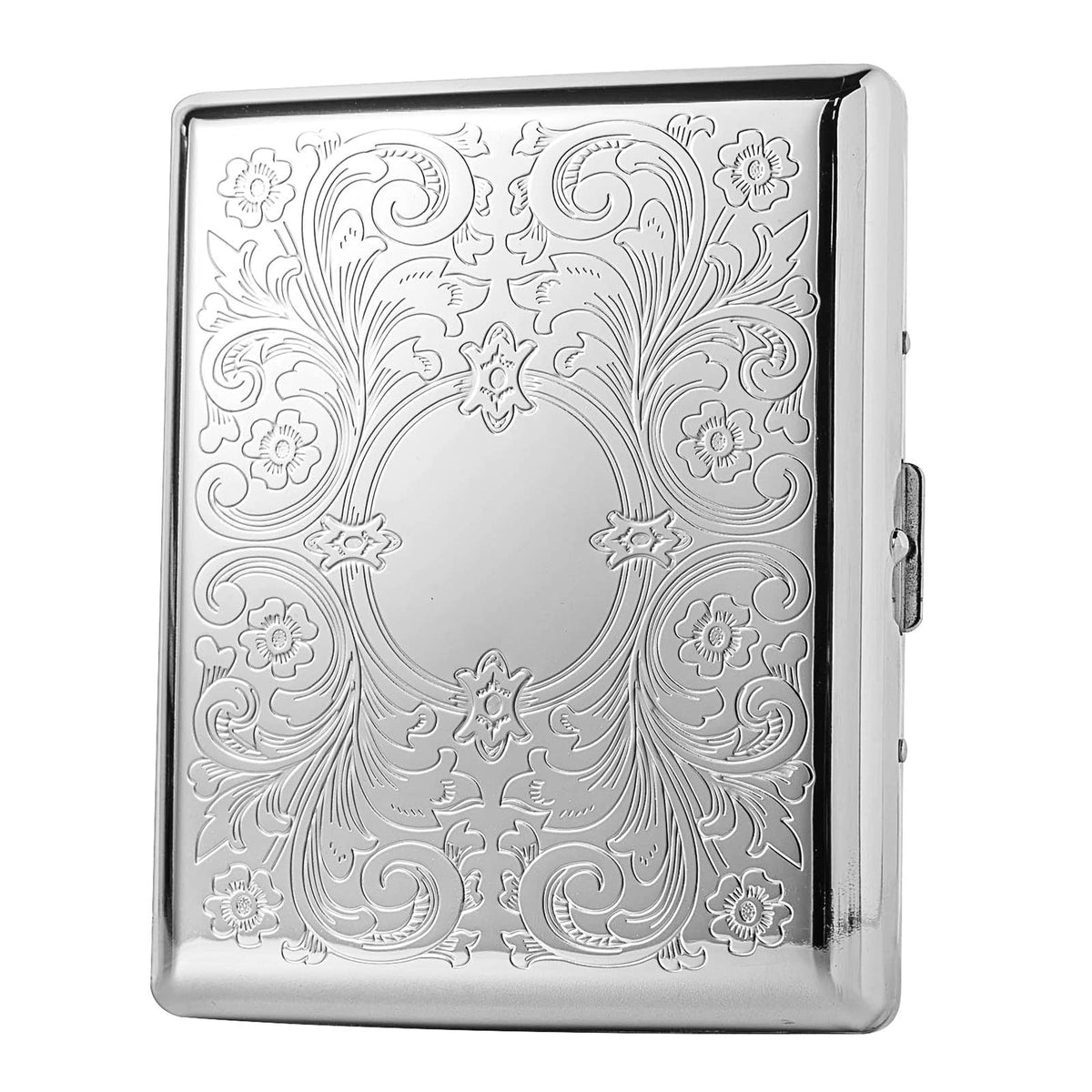 Metal Carry Cigarette Case, Double Sided Spring Clip,Holds 10 100mm Cigarettes (Vines Silver)
