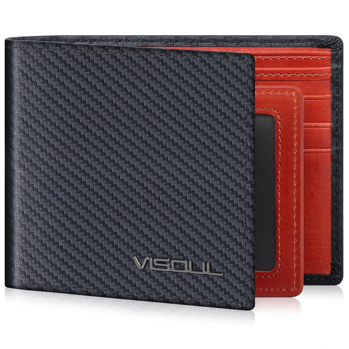 VISOUL Mens Wallet Bifold RFID Protected with 2 ID Windows 8 Credit Card Slots 2 Cash Compartments, Carbon Fiber Leather Wallet for Men Gift Box (Black+Burgundy)