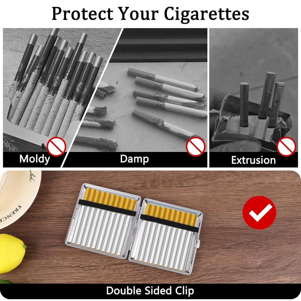 ZUFECY Leather Cigarette Case, Thin Metal Cigarette Case, 20 Capacity for Regular, Elastic Strap Cigarette Case for Smokers, 84mm Regular Size (Black)