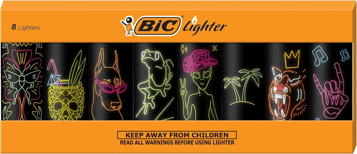 BIC Maxi Pocket Lighter, Neon Series, 8 Count Pack for Candles, Firepits