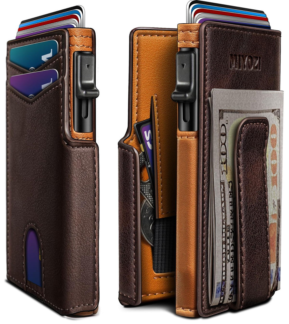 miyozi Wallet for Men, Magnetic Minimalist Slim Wallet with Pop Up Card Holder, 9 Cards RFID Blocking Metal Credit Card Case, Leather Wrapped Money Clip, ID Window & Small Item Slot, Gift Boxed