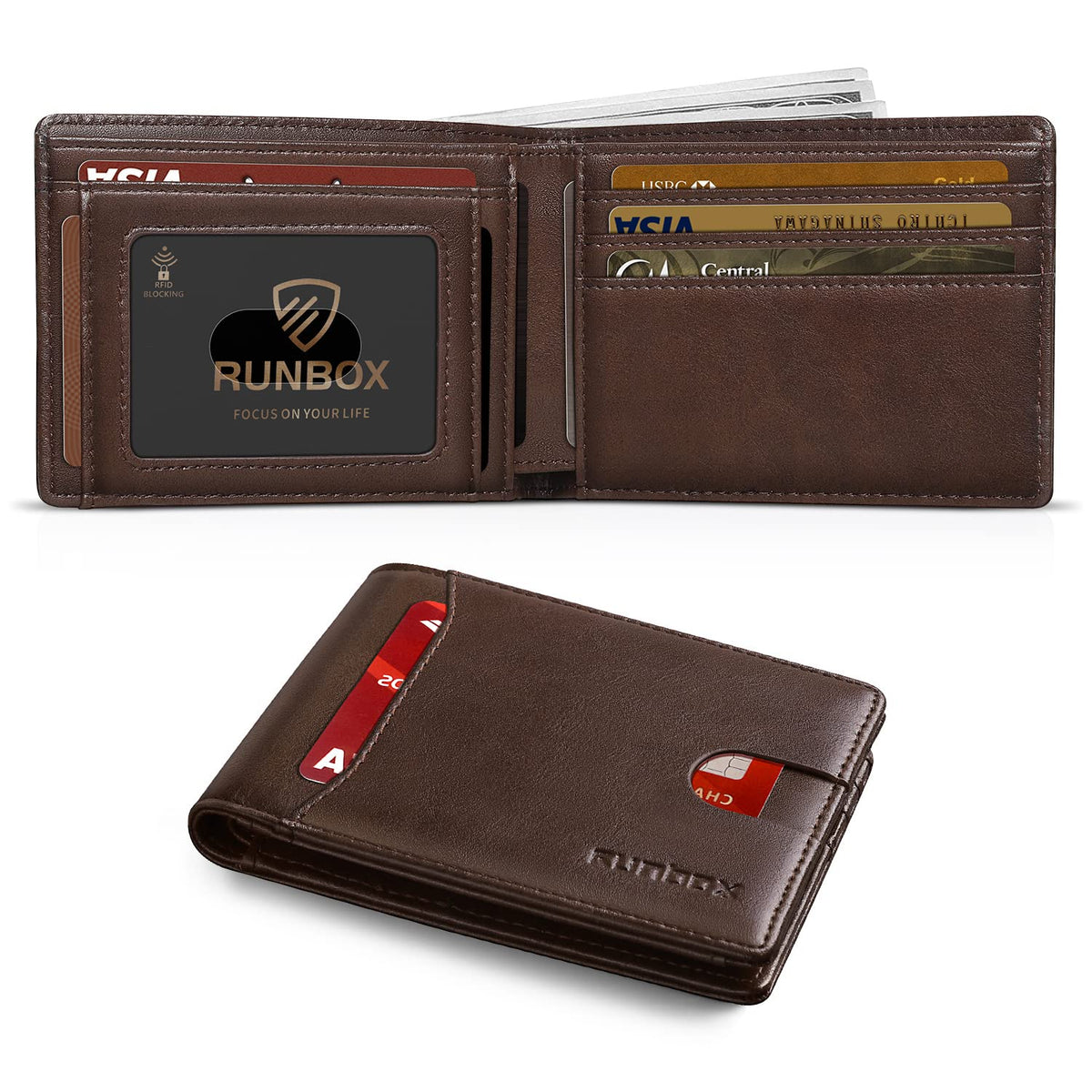 RUNBOX Wallet for Men, Slim Leather Bifold, RFID Blocking Card Holder
