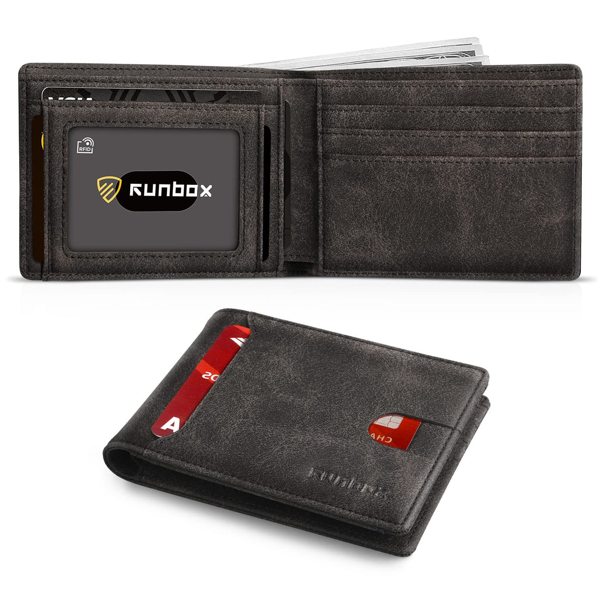 RUNBOX Wallet for Men, Slim Leather Bifold, RFID Blocking Card Holder