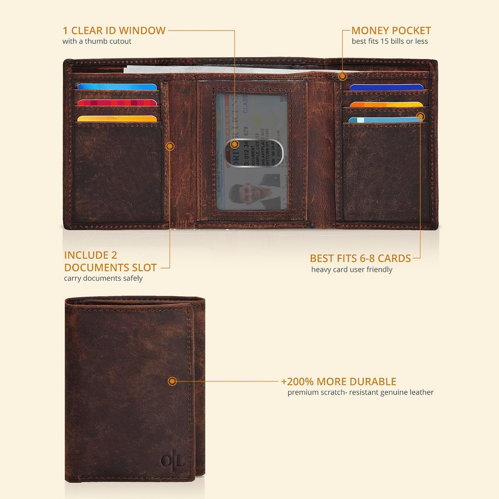 Real Leather Mens Trifold Wallet - RFID Slim Minimalist Front Pocket Gift