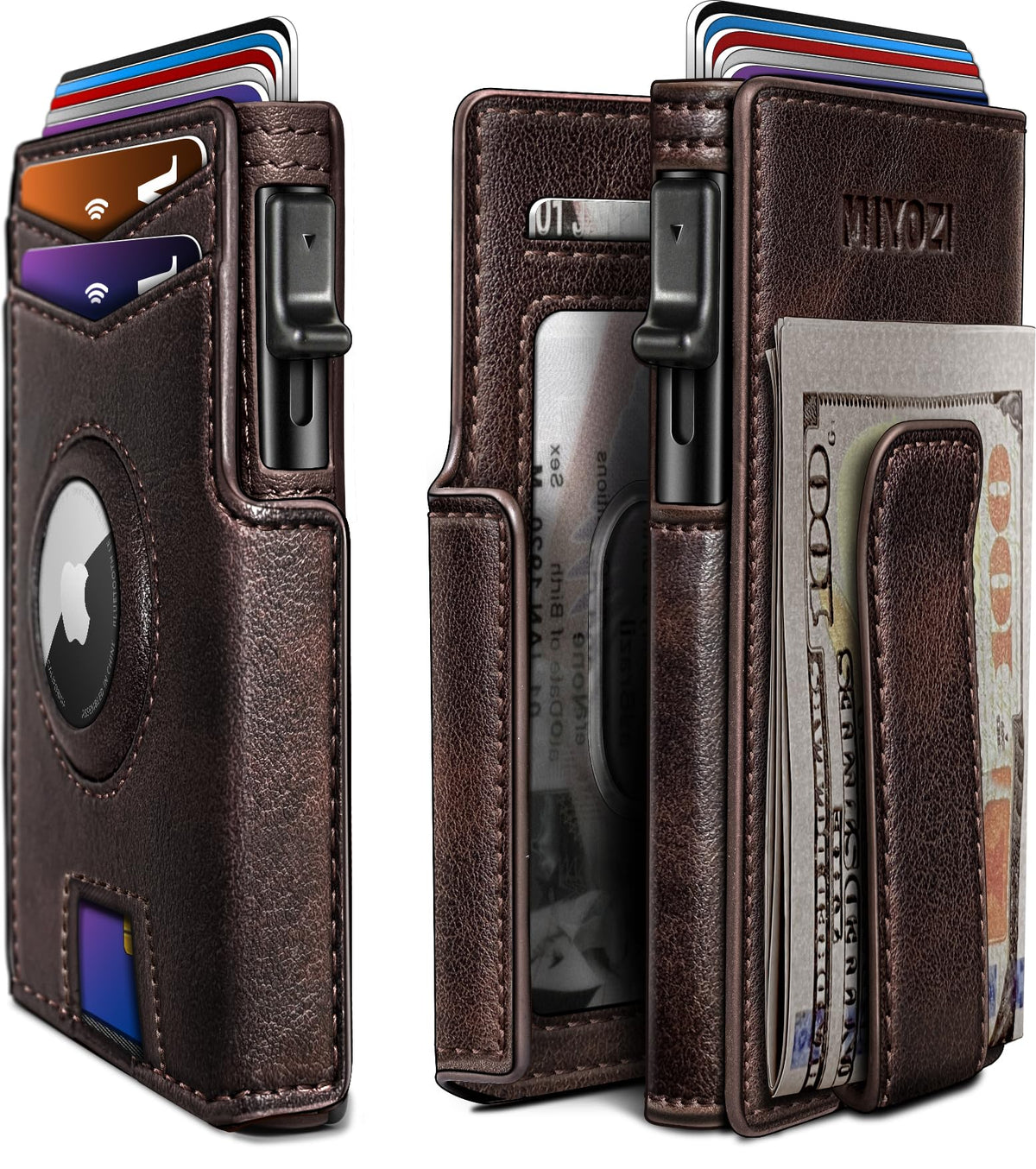 miyozi Airtag Wallet for Men,with Money Clip 10 Cards Metal Case Smart Slim Pop Up Credit Card Holder Flip with Magnetic Closure RFID Blocking wallet with Gift Box