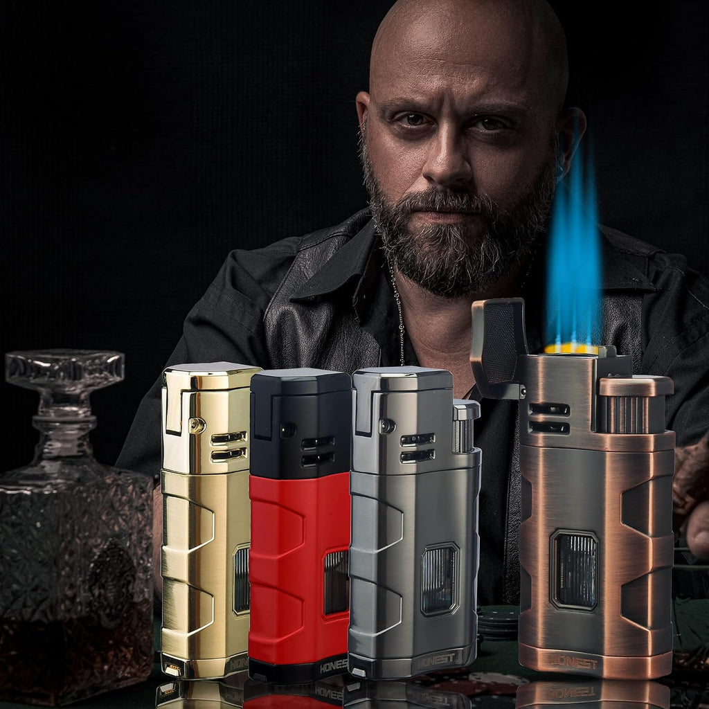 Metal Lighter Triple Jet Flame Refillable Butane Cigar Lighters Windproof Lighter with Cigar Punch Rest Holder - Butane Not Included (Red Copper)