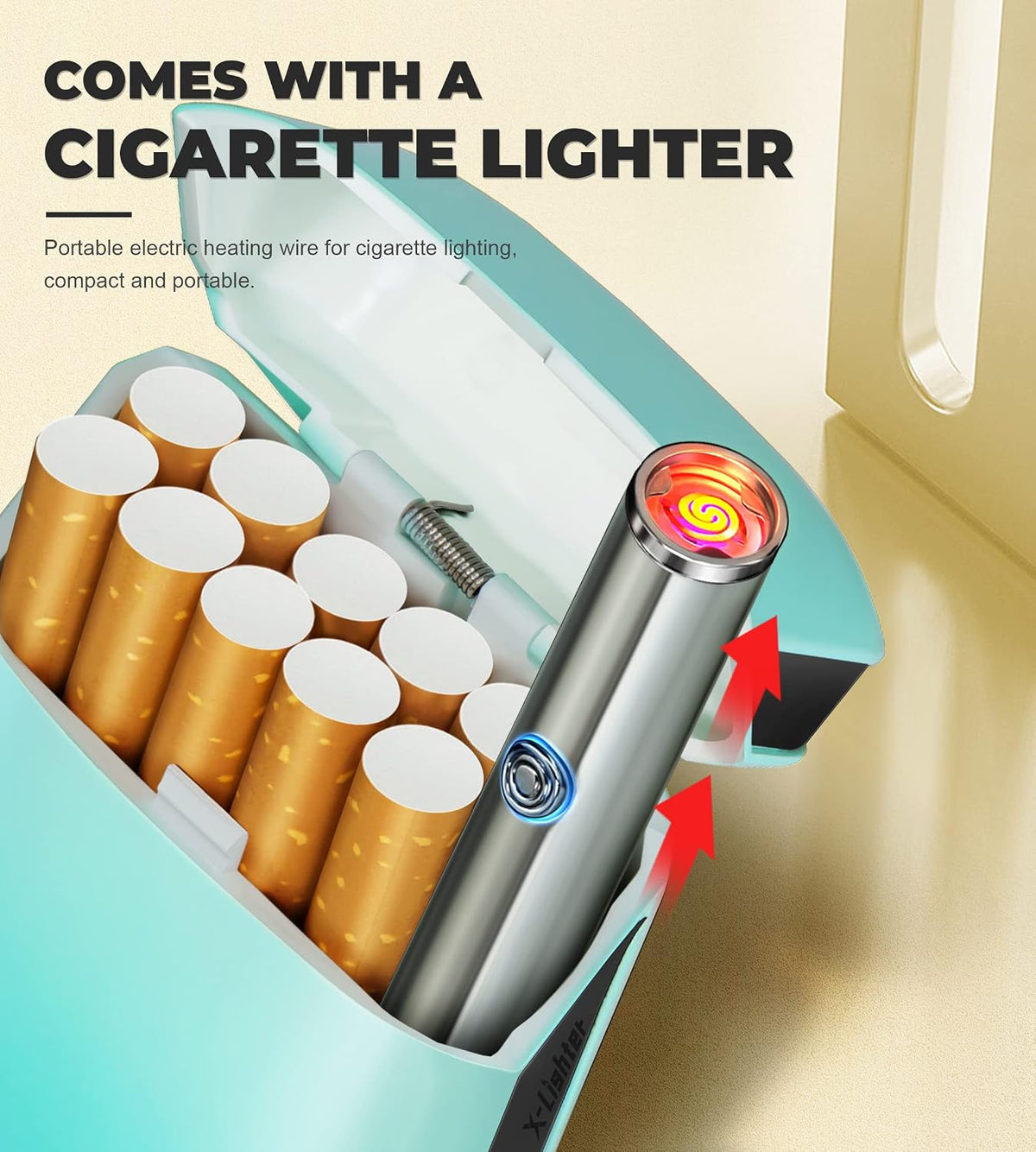 x-lighter XL606 Cigarette Case for 100s King Size, with Electric Rechargeable Lighter, Smell-Proof, Gift for Women & Men
