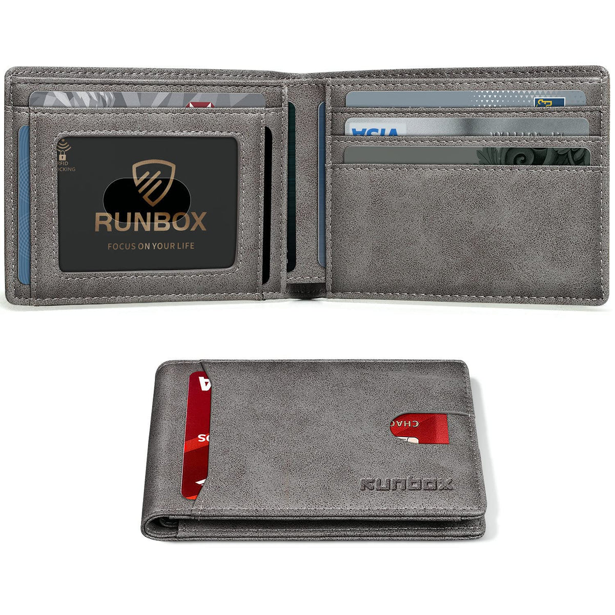 RUNBOX Wallet for Men, Slim Leather Bifold, RFID Blocking Card Holder