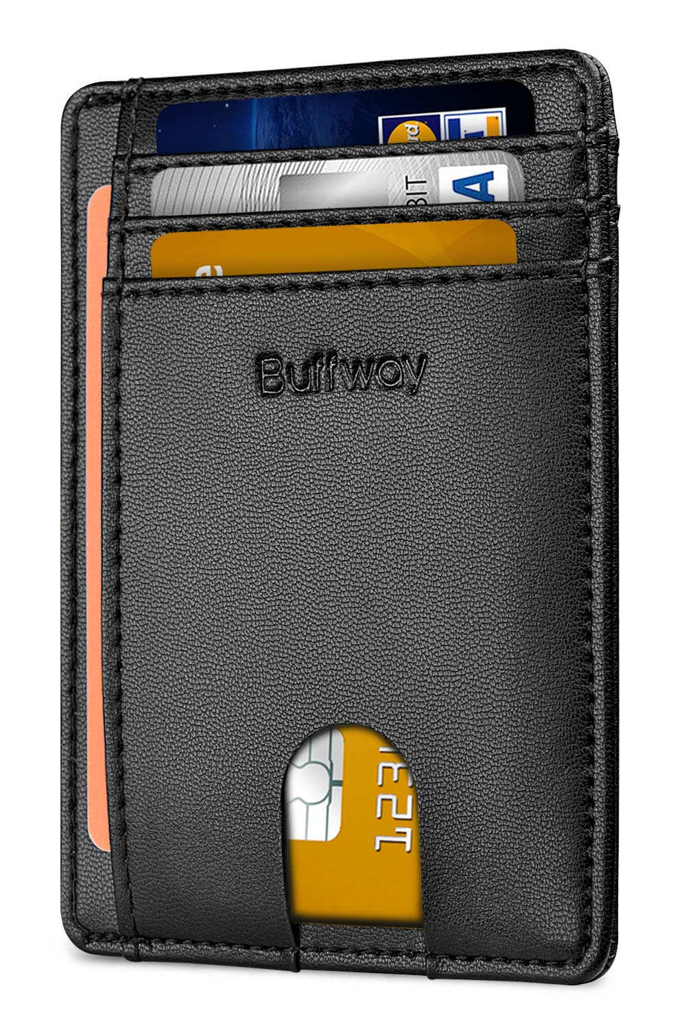 Buffway Slim Minimalist Front Pocket RFID Blocking Leather Wallets for Men and Women - Cross Black