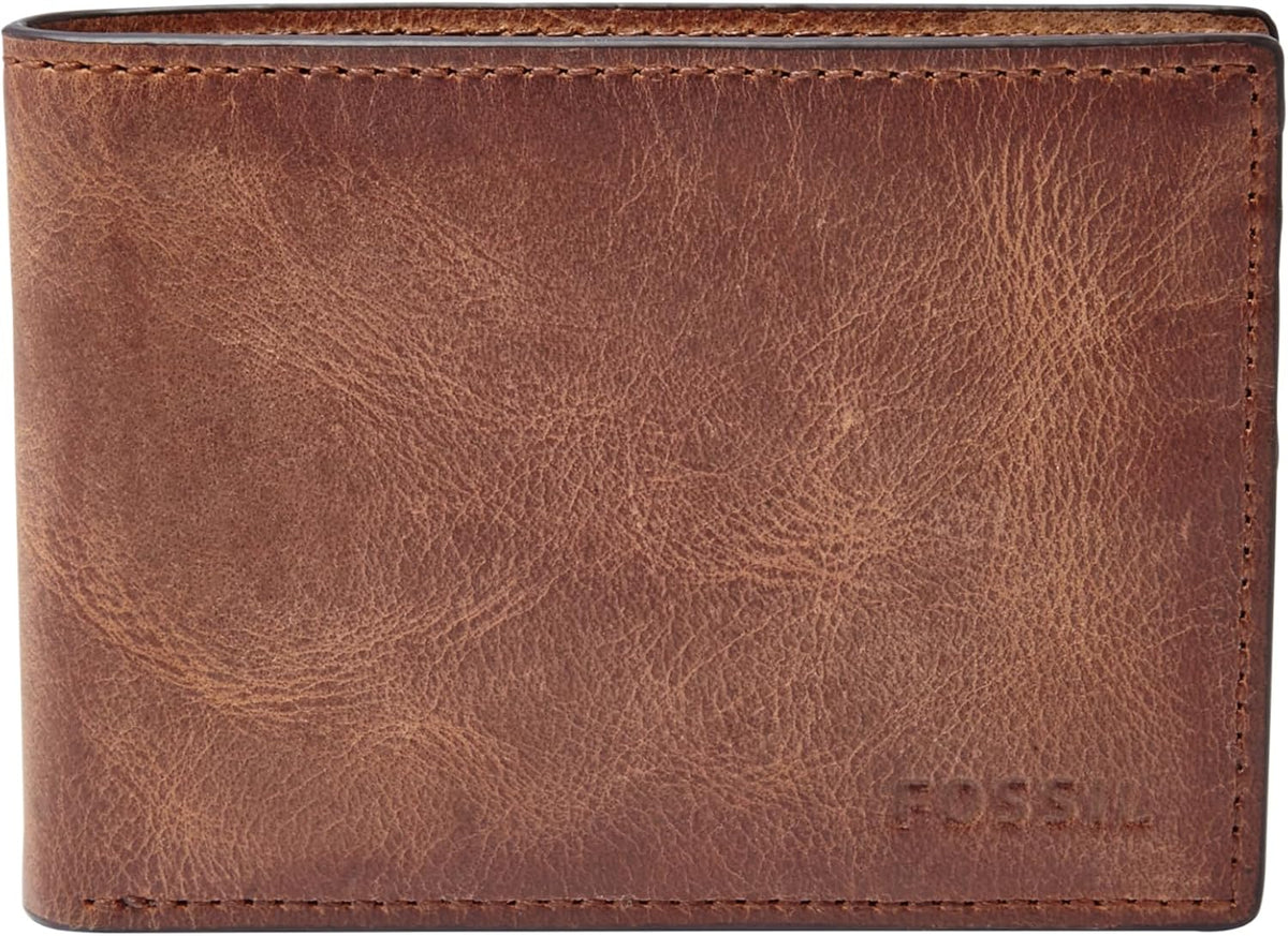 Fossil Men's Derrick Leather Slim Wallet for Men, Minimalist Magnetic Money Clip Bifold Front Pocket Wallet, Brown