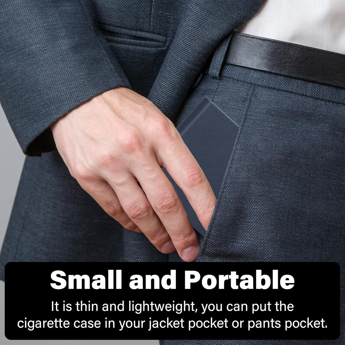 Portable Slim Leather Cigarette Case with Magnetic, Metal Cigarette Carrying Box for Hold 10 Regular Size Cigarettes, Ultra-Thin One-Hand Operate Cigarette Pocket for Men and Women -Navy Blue