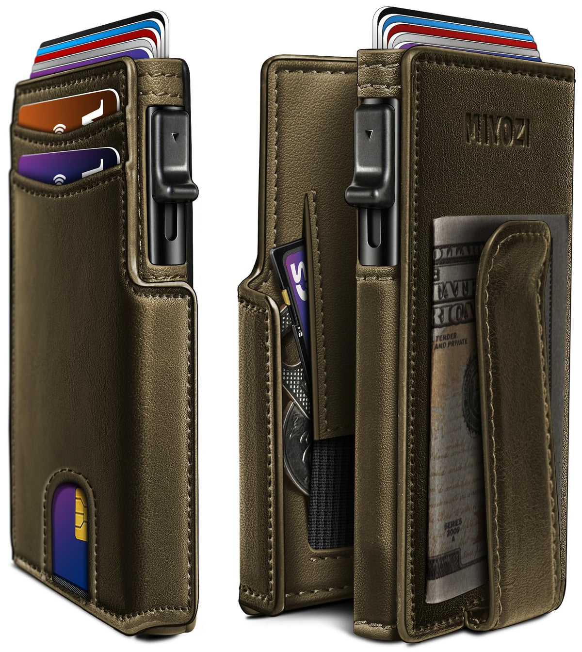 miyozi Wallet for Men, Magnetic Minimalist Slim Wallet with Pop Up Card Holder, 9 Cards RFID Blocking Metal Credit Card Case, Leather Wrapped Money Clip, ID Window & Small Item Slot, Gift Boxed