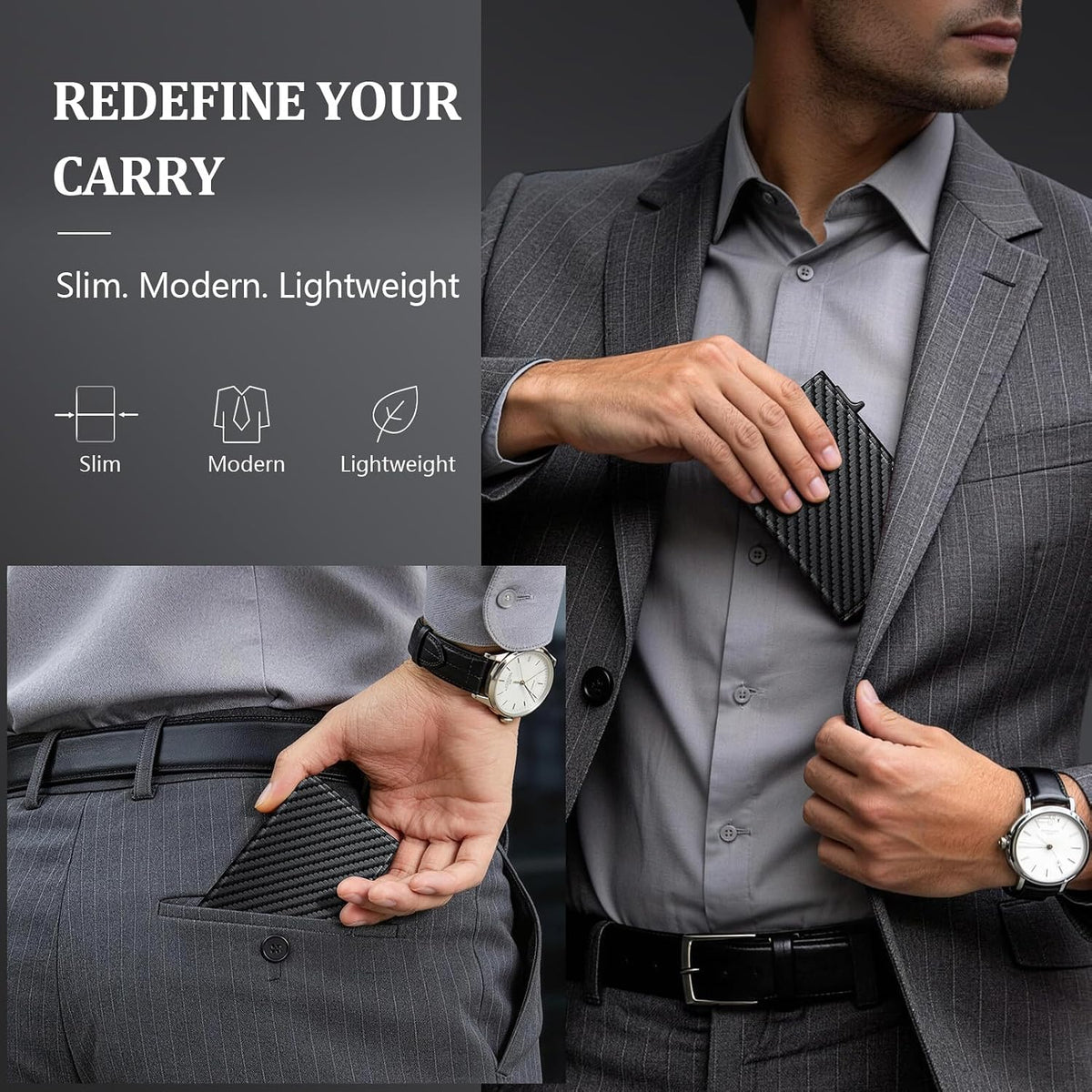Minimalist Wallet for Men, RFID Blocking Pop Up Wallet with 2 ID Windows