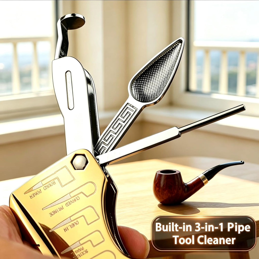 Soft Flame Butane Lighter with Built-in 3-in-1 P-ipe Tool Cleaner, Unique Refillable P-ipe Lighter, Angled Gas Window, Unique Gifts for Men, Birthday, Father’s Day, Valentine’s Day (Gold, No Fuel)