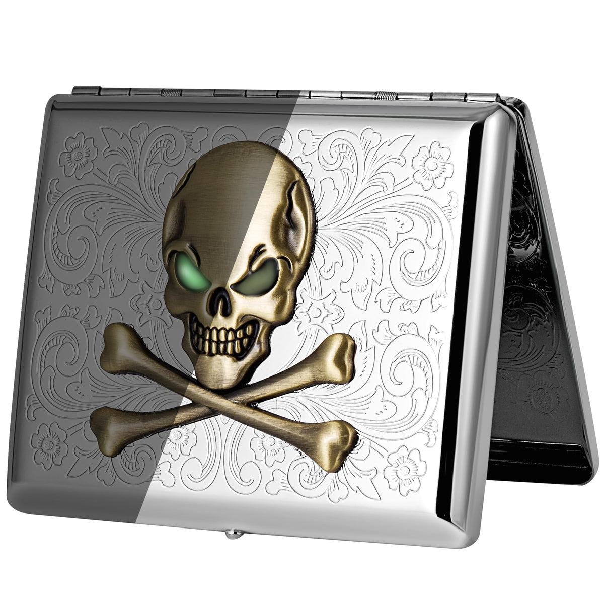 Stylish Portable Metal Cigarette Case - Holds 100mm Cigarettes. (Skull Vine Silver, 20pcs 100's) (Skull Vine Black, 20pcs 100's)